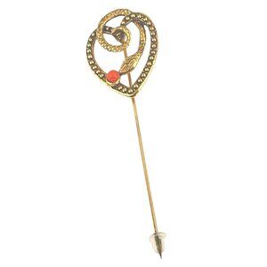 Vintage Gold-Tone Heart Victorian Revival Stick Pin Red Coral Accent Intricate